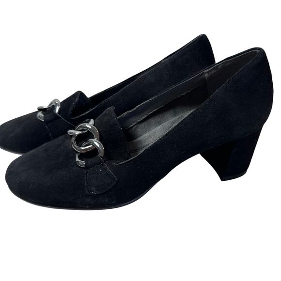 Womans Aerosoles heelrest rockstar black suede silver chain heels size 6.5 - Picture 1 of 6